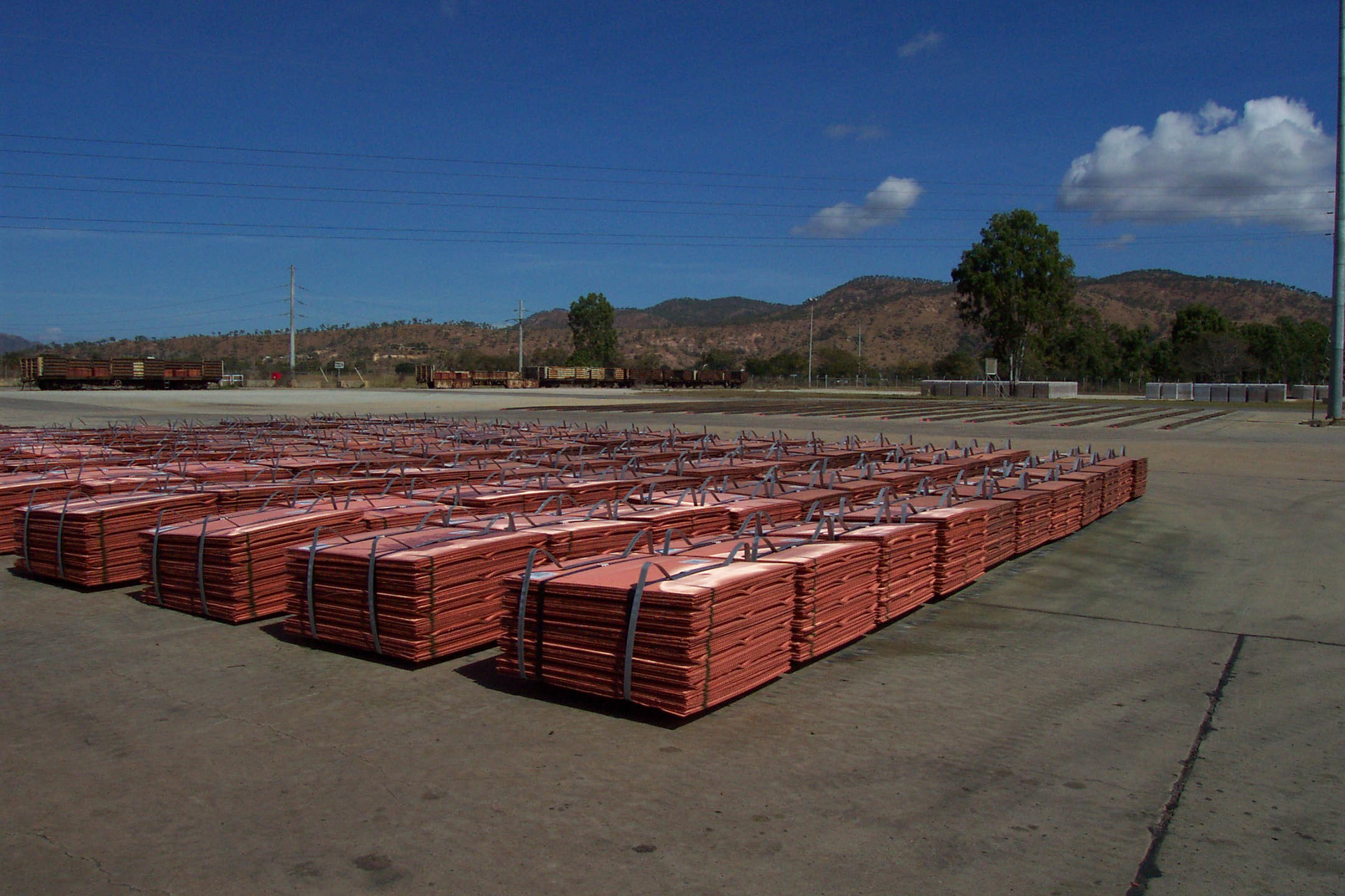 Bundles of copper cathodes ready for export at a copperbelt yard in Zambia / DRC