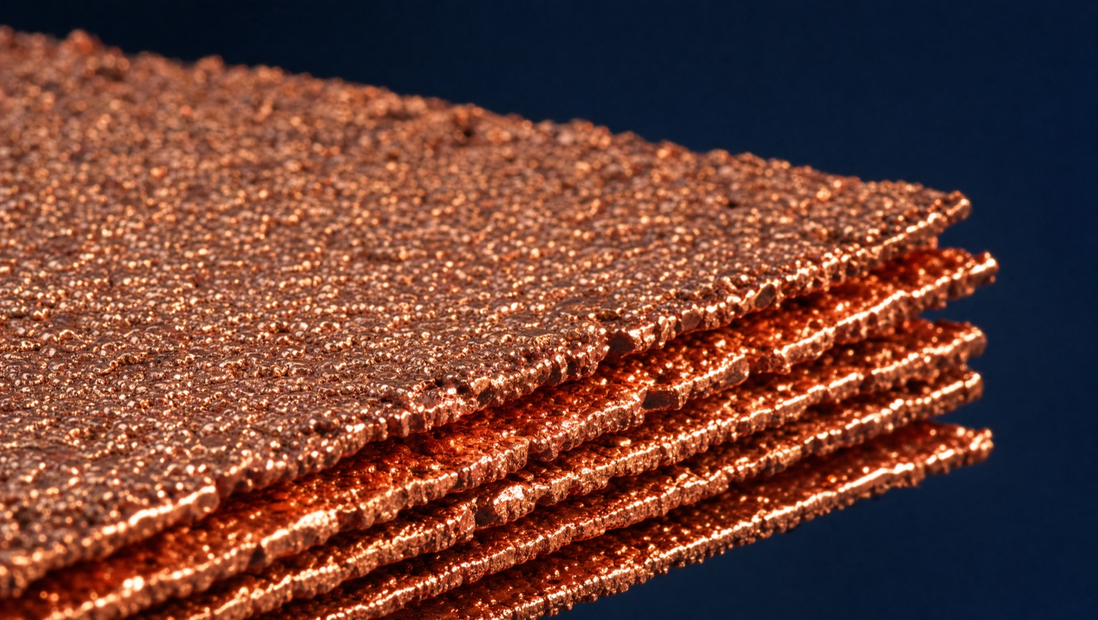 Macro detail of Grade A copper cathode surface, nodular 99.9%+ copper
