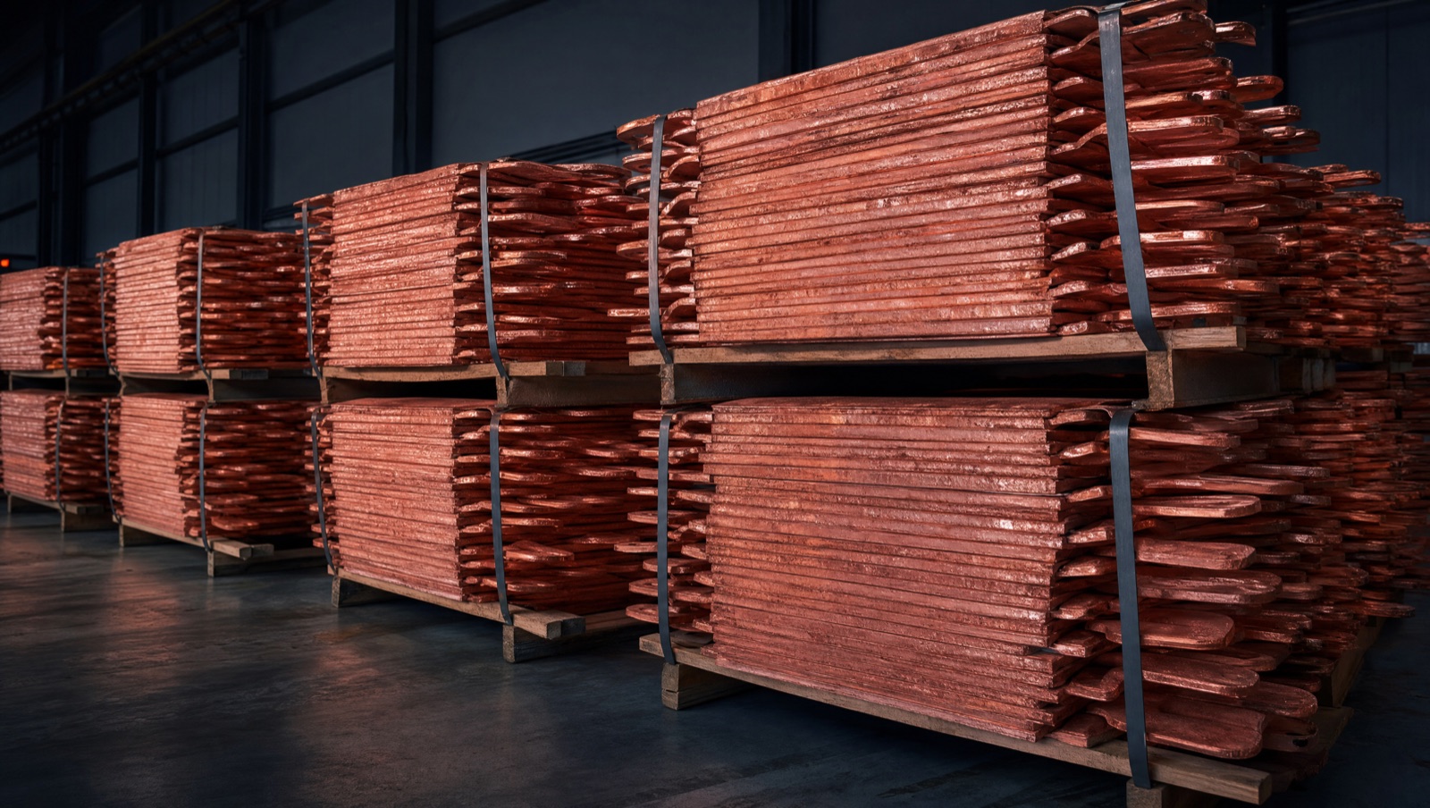 Export-ready bundles of non-LME Grade A copper cathodes stacked on pallets in a warehouse